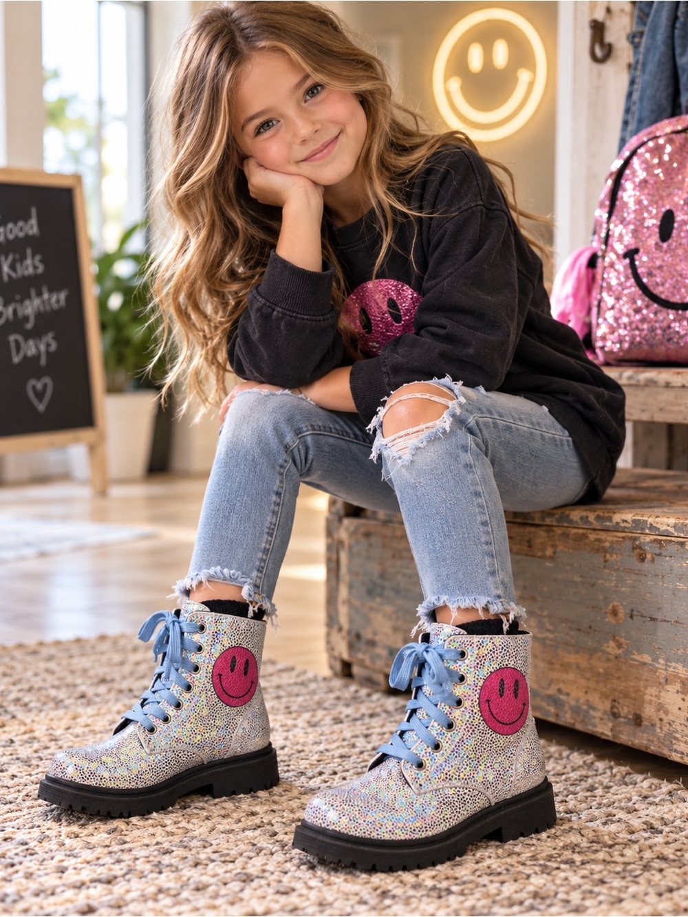 Lola + The Boys Holographic Silver Boots with Pink Smiley and Light Blue Laces